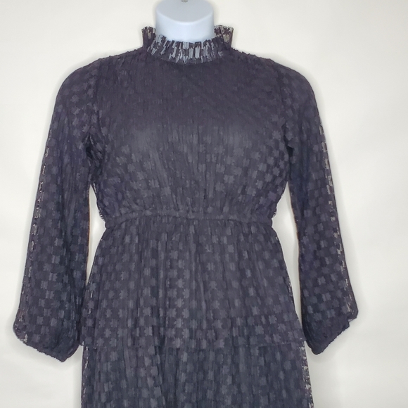 Black Lace Tiered Midi Dress Size L Ruffled High Neck Dark Romantic Whimsigoth - Picture 2 of 16